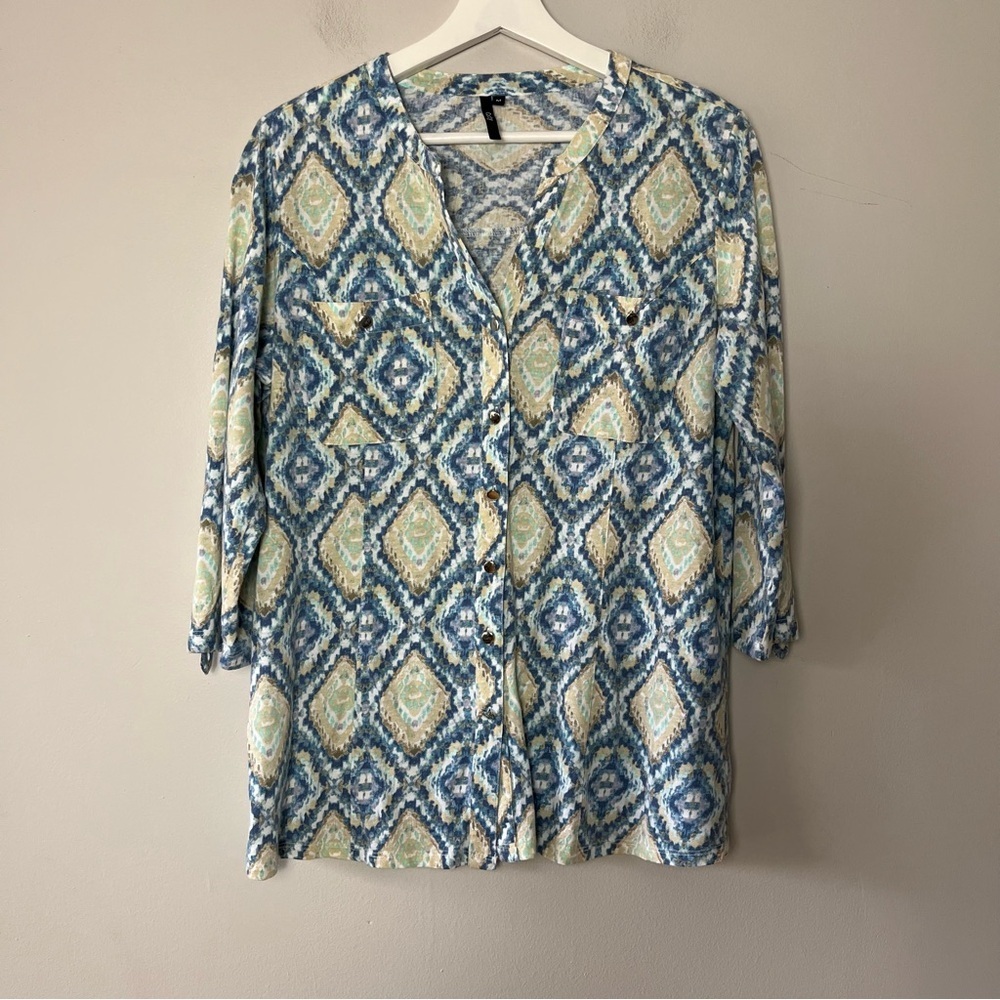 Cathy‎ Button-Up Blue and Yellow Geometric Print Three Quarter Sleeve Top Medium